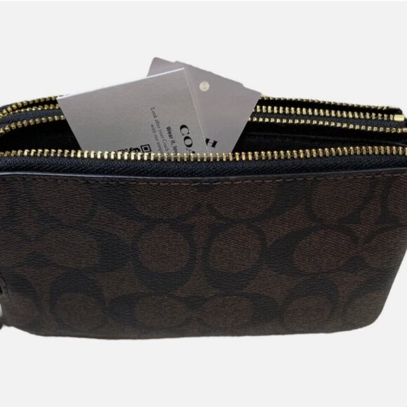 NWT COACH DOUBLE Corner Zip Wristlet In Signature "C" Dark Brown Gold Accents - Picture 4 of 14